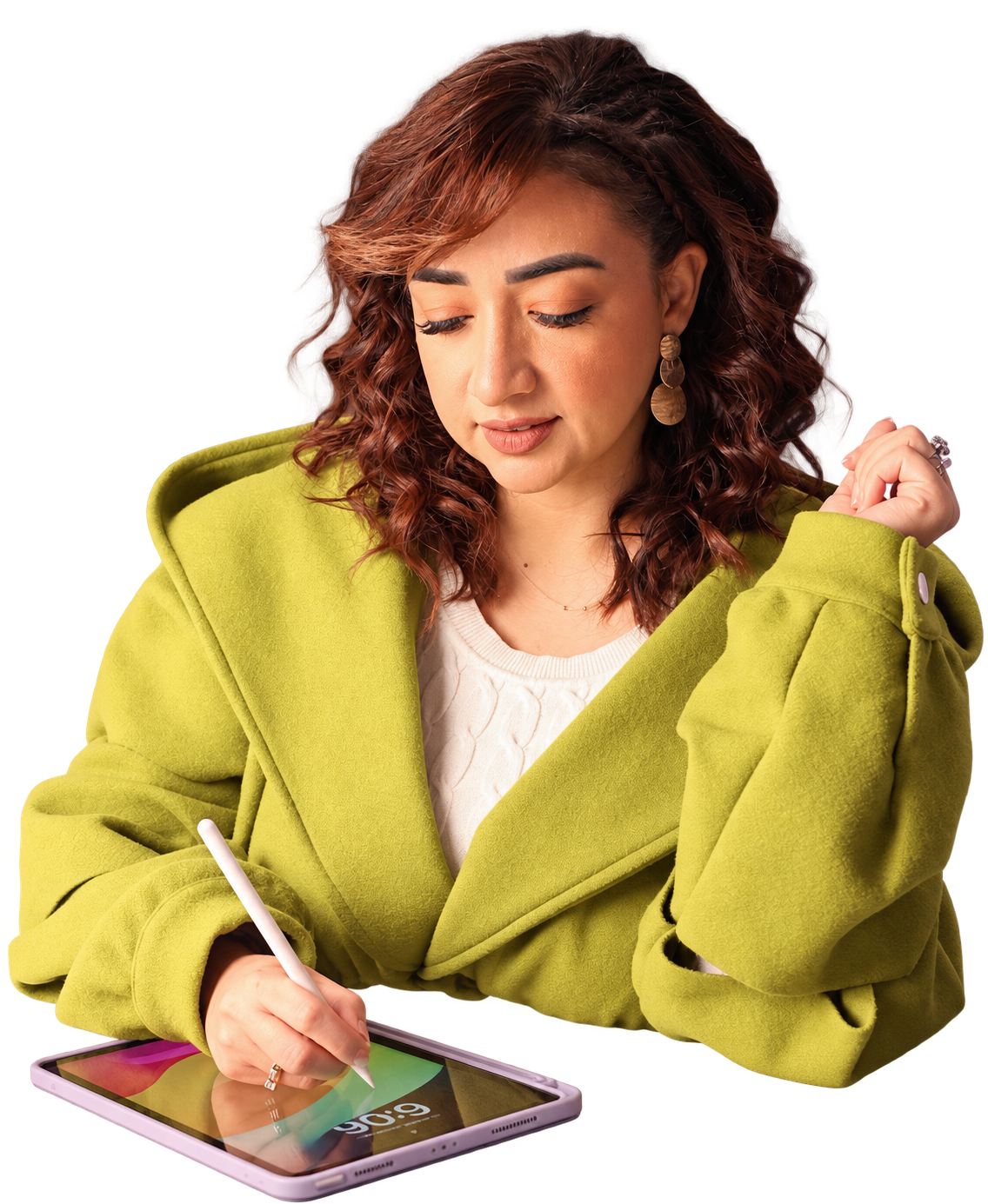 Mai Sami writing on a tablet with a stylus